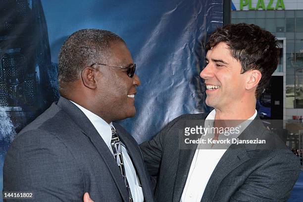 Col. Gregory D. Gadson and actor Hamish Linklater attend the Los Angeles premiere of "Battleship" at Nokia Theatre L.A. Live on May 10, 2012 in Los...