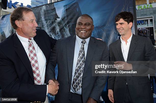 Producer Duncan Henderson, Col. Gregory D. Gadson and actor Hamish Linklater attend the Los Angeles premiere of "Battleship" at Nokia Theatre L.A....