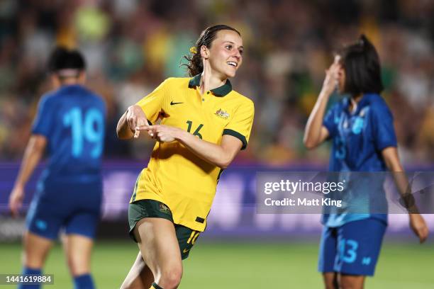 Haley Raso of the Matildas celebrates scoring a goal during the International Friendly match between the Australia Matildas and Thailand at Central...