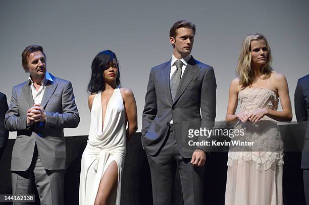 Actors Liam Neeson, Rihanna, Alexander Skarsgard, and Brooklyn Decker attend the premiere of Universal Pictures' "Battleship" at Nokia Theatre L.A....