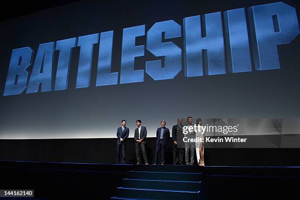 The cast of crew attend the premiere of Universal Pictures' "Battleship" at Nokia Theatre L.A. Live on May 10, 2012 in Los Angeles, California.