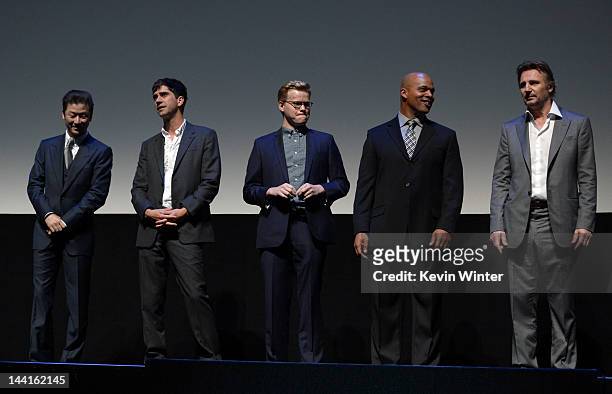 Actors Tadanobu Asano, Hamish Linklater, Jesse Plemons, Rico McClinton, and Liam Neeson attend the premiere of Universal Pictures' "Battleship" at...