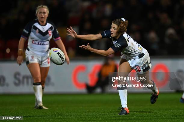Tara Jones of England during Women's Rugby League World Cup Semi-Final match between England and New Zealand at LNER Community Stadium on November...
