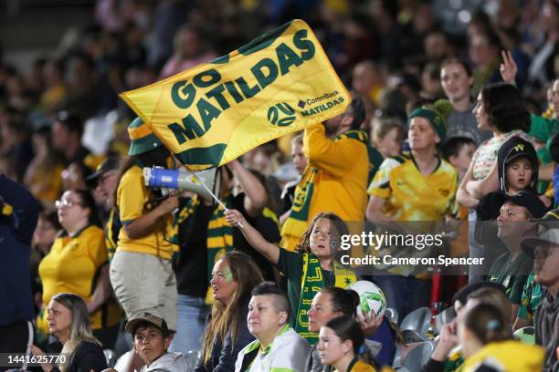 Matildas fan enjoys the atmosphere during the International Friendly match between the Australia Matildas and Thailand at Central Coast Stadium on...