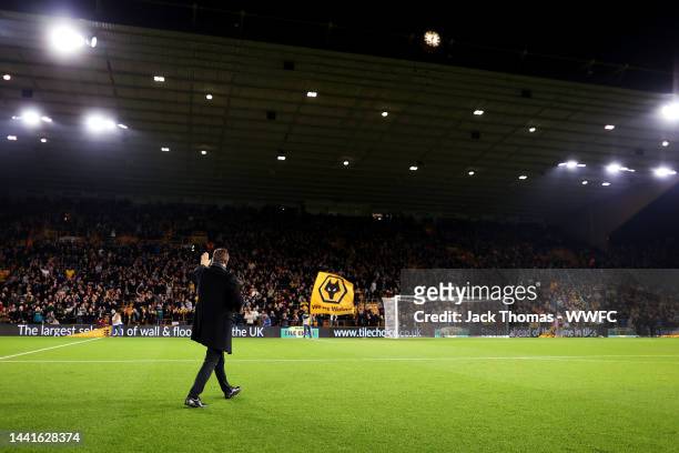 Julen Lopetegui, Manager of Wolverhampton Wanderers is introduced to the fans as he does a lap of honour around the pitch ahead of the Premier League...