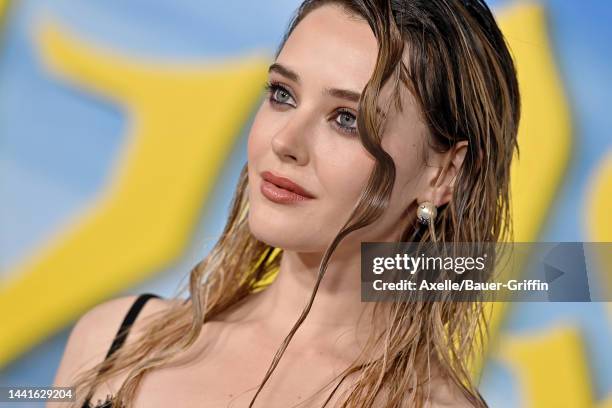 Katherine Langford attends the Premiere of "Glass Onion: A Knives Out Mystery" at Academy Museum of Motion Pictures on November 14, 2022 in Los...