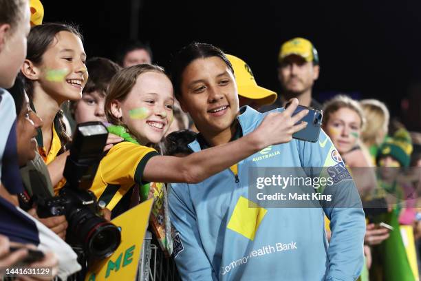 Sam Kerr of the Matildas interacts with fans after the International Friendly match between the Australia Matildas and Thailand at Central Coast...