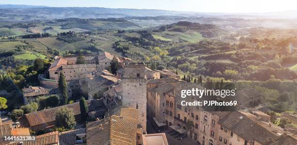 aerial view of san gimignano from torre grossa - chianti streek stockfoto's en -beelden