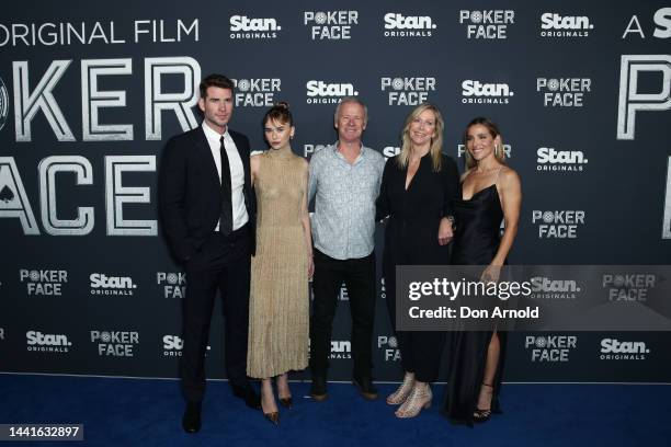 Liam Hemsworth Gabriella Brooks and Elsa Pataky attend the Australian Premiere of Poker Face at Hoyts Entertainment Quarter on November 15, 2022 in...