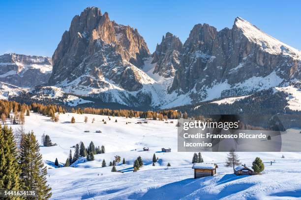 seiser alm, alpe di siusi snowy landscape. dolomites alps, italy - seiser alm stock-fotos und bilder