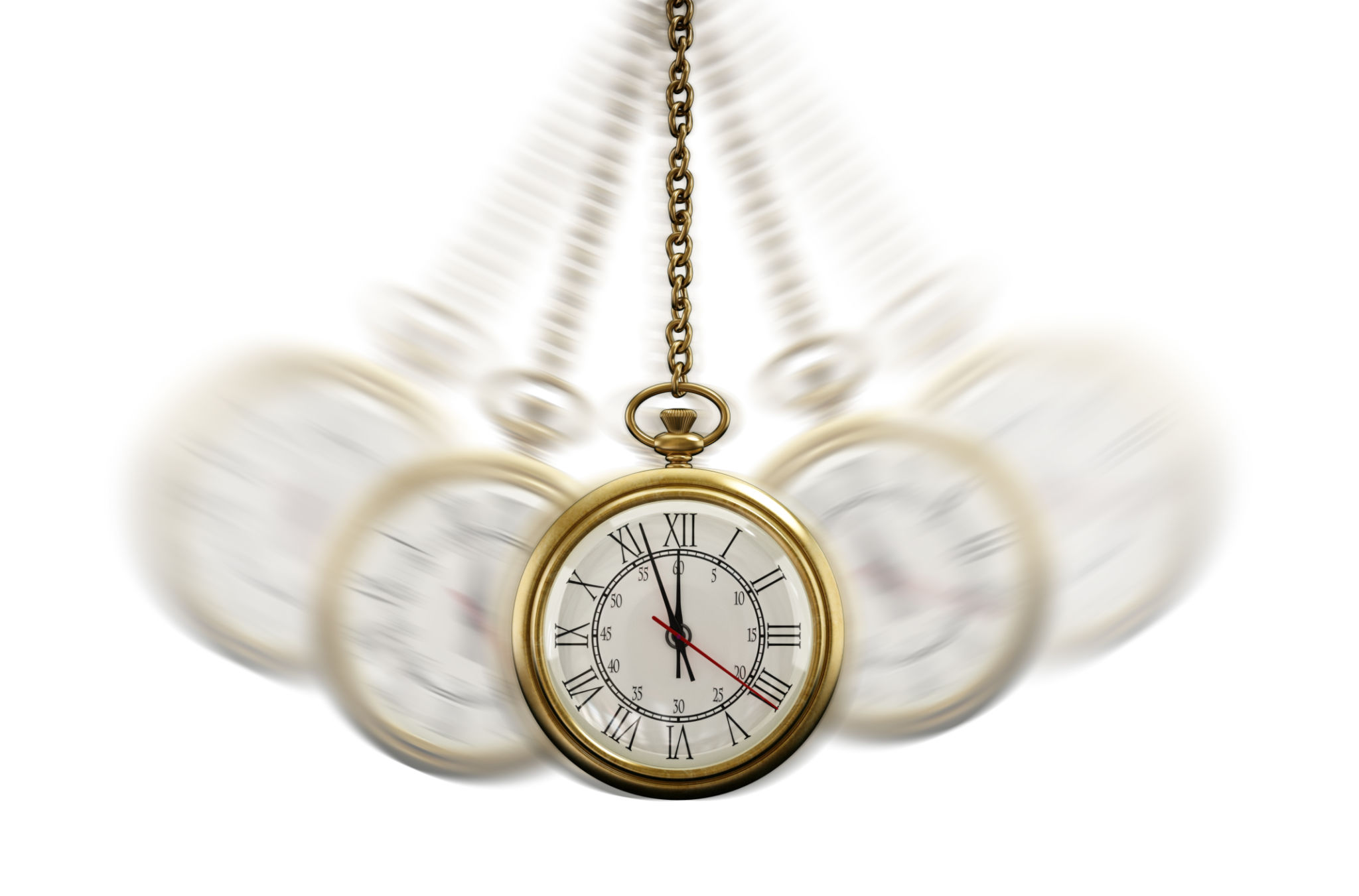 Gold Pocket watch swinging hypnotically from chain. White background. Hypnotism concept Gold Pocket watch swinging hypnotically from chain. White background. Hypnotism concept