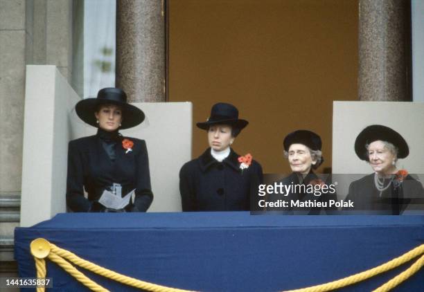 Princess Diana , Princess Anne, Alice, Duchess of Gloucester and The Queen Mother during the Remembrance Sunday service at the Cenotaph.