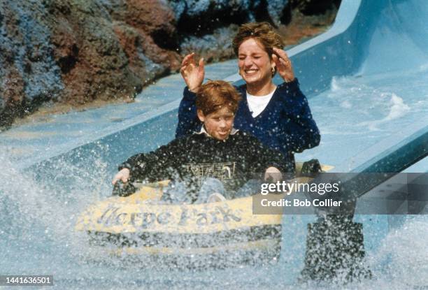 Diana, Princess of Wales, with Prince Harry on the Depth Charge ride at Thorpe Park, Theme Park, on April 18, 1992 in Chertsey United Kingdom .