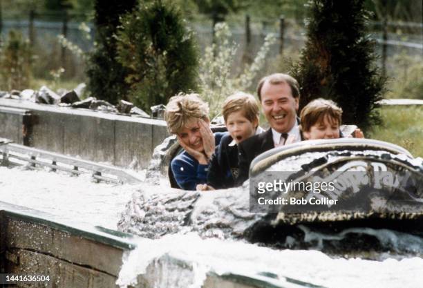Diana Princess Of Wales, Prince William & Prince Harry Visit The 'Thorpe Park', Theme Park, on April 18, 1992 in Chertsey United Kingdom .