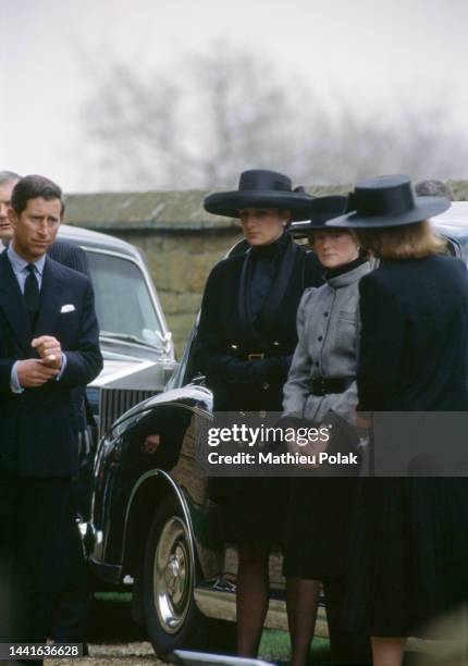 Princess Diana at the funeral of her father, Earl Spencer at Great Brington church, Northamptonshire, March 1992. On her right Diana's sisters Sarah...