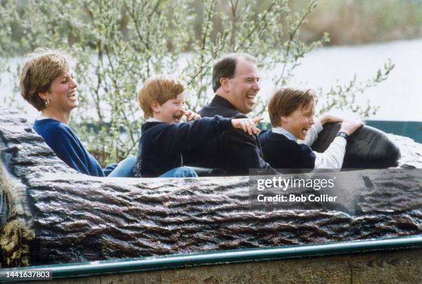 Diana Princess Of Wales, Prince William & Prince Harry Visit The 'Thorpe Park', Theme Park, on April 18, 1992 in Chertsey United Kingdom .
