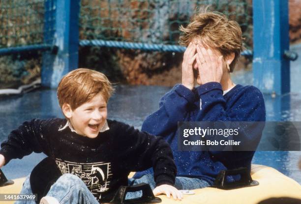 Diana, Princess of Wales, with Prince Harry on the Depth Charge ride at Thorpe Park, Theme Park, on April 18, 1992 in Chertsey United Kingdom .