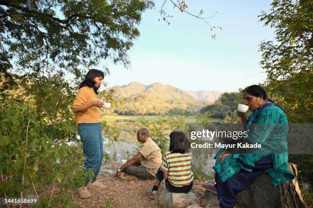 tourist multi-generation family enjoying high-tea in nature enjoying the view of a lake - tee indien trinken stock-fotos und bilder