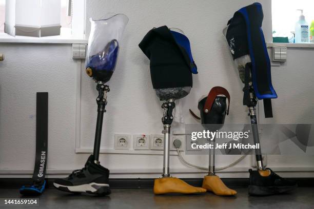 Prosthetic legs for injured Ukrainian service men are lined up at the Bez Obmezhen Rehabilitation Center on November 15, 2022 in Kyiv, Ukraine. In...