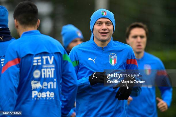 Nicolò Barella of Italy smile during the Italy training session at Centro Tecnico Federale di Coverciano on November 15, 2022 in Florence, Italy.