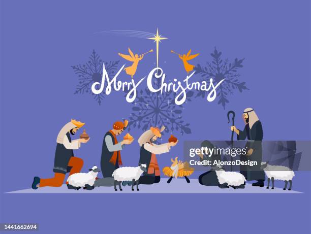 nativity scene. christmas night. birth of jesus. three wise men. - bethlehem background stock illustrations