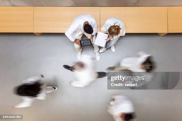 scientists walking in the corridor - schooldokter stockfoto's en -beelden