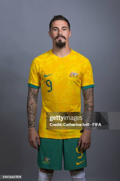 Jamie Maclaren of Australia poses during the official FIFA World Cup Qatar 2022 portrait session on November 15, 2022 in Doha, Qatar.