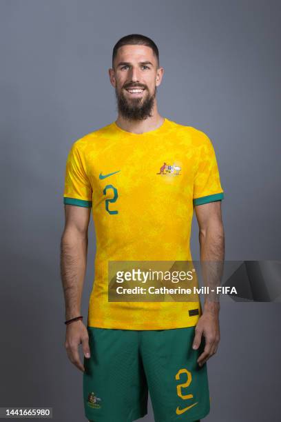 Milos Degenek of Australia poses during the official FIFA World Cup Qatar 2022 portrait session on November 15, 2022 in Doha, Qatar.