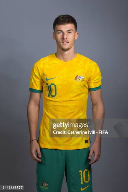 Ajdin Hrustic of Australia poses during the official FIFA World Cup Qatar 2022 portrait session on November 15, 2022 in Doha, Qatar.