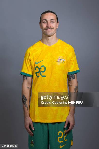 Jackson Irvine of Australia poses during the official FIFA World Cup Qatar 2022 portrait session on November 15, 2022 in Doha, Qatar.