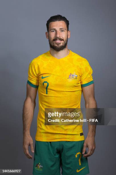 Mathew Leckie of Australia poses during the official FIFA World Cup Qatar 2022 portrait session on November 15, 2022 in Doha, Qatar.