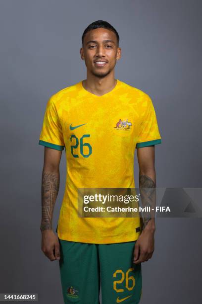 Keanu Baccus of Australia poses during the official FIFA World Cup Qatar 2022 portrait session on November 15, 2022 in Doha, Qatar.