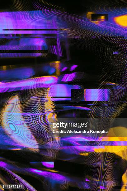distorted textured futuristic motion glitch interlaced multicolored background - techno background imagens e fotografias de stock