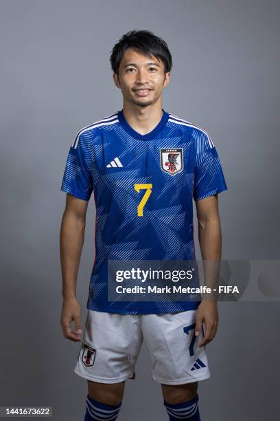 Gaku Shibasaki of Japan poses for a portrait during the official FIFA World Cup Qatar 2022 portrait session on November 15, 2022 in Doha, Qatar.