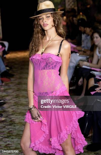 Ana Beatriz Barros walks the runway during the Betsey Johnson Ready to Wear Spring/Summer 2002 fashion show as part of the New York Fashion Week on...