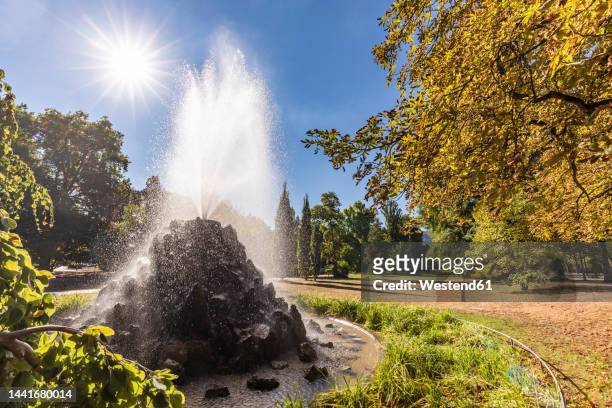 germany, baden-wurttemberg, baden-baden, sun shining over splashing fountain in lichtentaler allee park - baden baden stock pictures, royalty-free photos & images