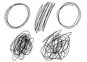 Chaotically tangled lines set. Unravels chaos and mess difficult situation. Psychotherapy concept of solving problems is easy. One continuous line drawing. Hand drawn vector illustrations isolated