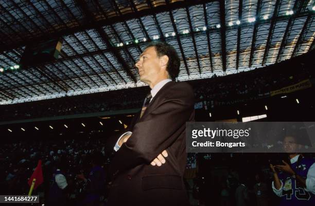 Low angle view of German football manager and former footballer Franz Beckenbauer during a match at the 1990 FIFA World Cup, at the Stadio Guiseppe...