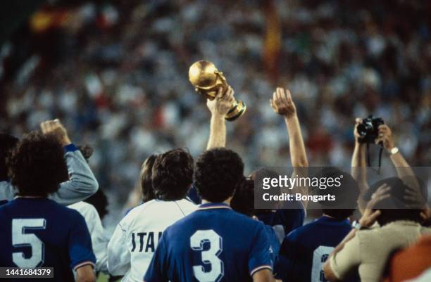 Italian footballer Fulvio Collovati and Italian footballer Giuseppe Bergomi among Italy player celebrating with the FIFA World Cup Trophy following...