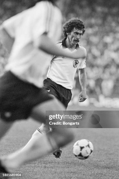 German footballer Paul Breitner in action for West Germany during the friendly between Hamburger SV and West Germany, at the Volksparkstadion in...