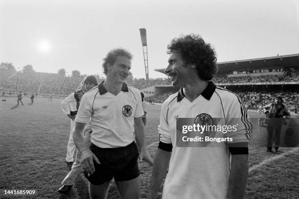 German footballer Karl-Heinz Rummenigge and German footballer Paul Breitner following the friendly between Hamburger SV and West Germany, at the...