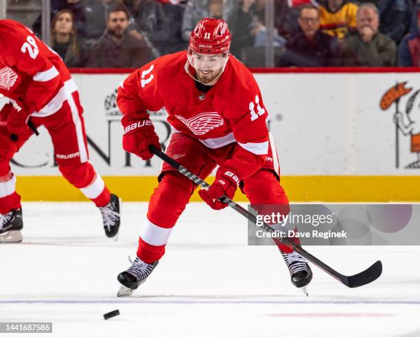 Filip Zadina of the Detroit Red Wings skates after a loose puck against the New York Islanders during the first period of an NHL game at Little...