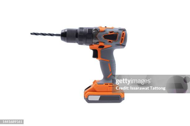 cordless drill, screwdriver with drill bit on white background - broca imagens e fotografias de stock