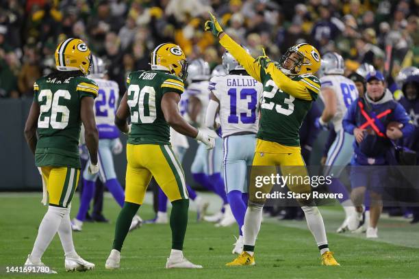 Jaire Alexander of the Green Bay Packers reacts to a defensive stop during a game against the Dallas Cowboys at Lambeau Field on November 13, 2022 in...