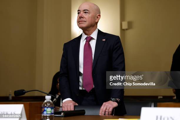 Homeland Security Secretary Alejandro Mayorkas prepares to testify before the House Homeland Security Committee in the Cannon House Office Building...