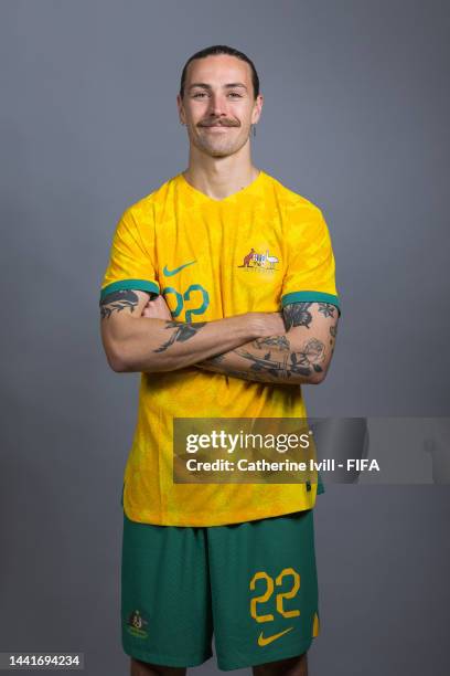 Jackson Irvine of Australia poses during the official FIFA World Cup Qatar 2022 portrait session on November 15, 2022 in Doha, Qatar.