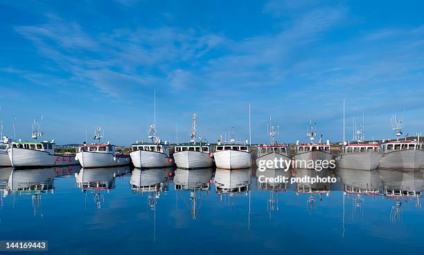 row of boats with reflection - islas de la magdalena fotografías e imágenes de stock