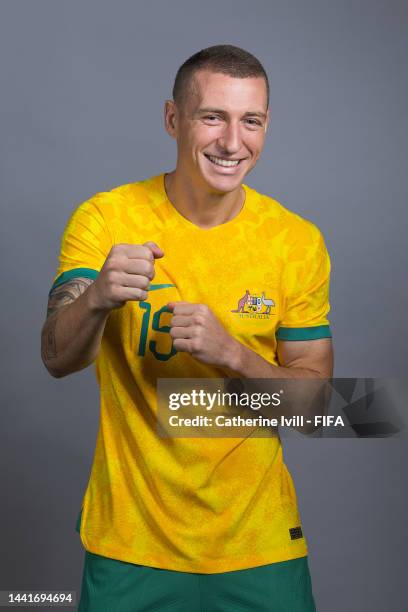 Mitchell Duke of Australia poses during the official FIFA World Cup Qatar 2022 portrait session on November 15, 2022 in Doha, Qatar.