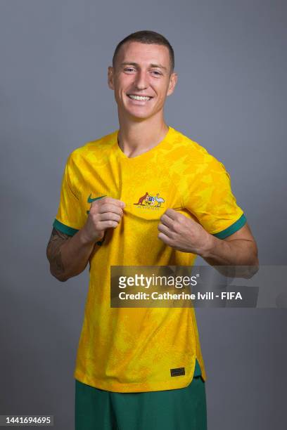 Mitchell Duke of Australia poses during the official FIFA World Cup Qatar 2022 portrait session on November 15, 2022 in Doha, Qatar.
