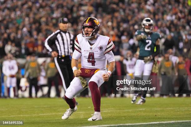 Taylor Heinicke of the Washington Commanders reacts against the Philadelphia Eagles at Lincoln Financial Field on November 14, 2022 in Philadelphia,...